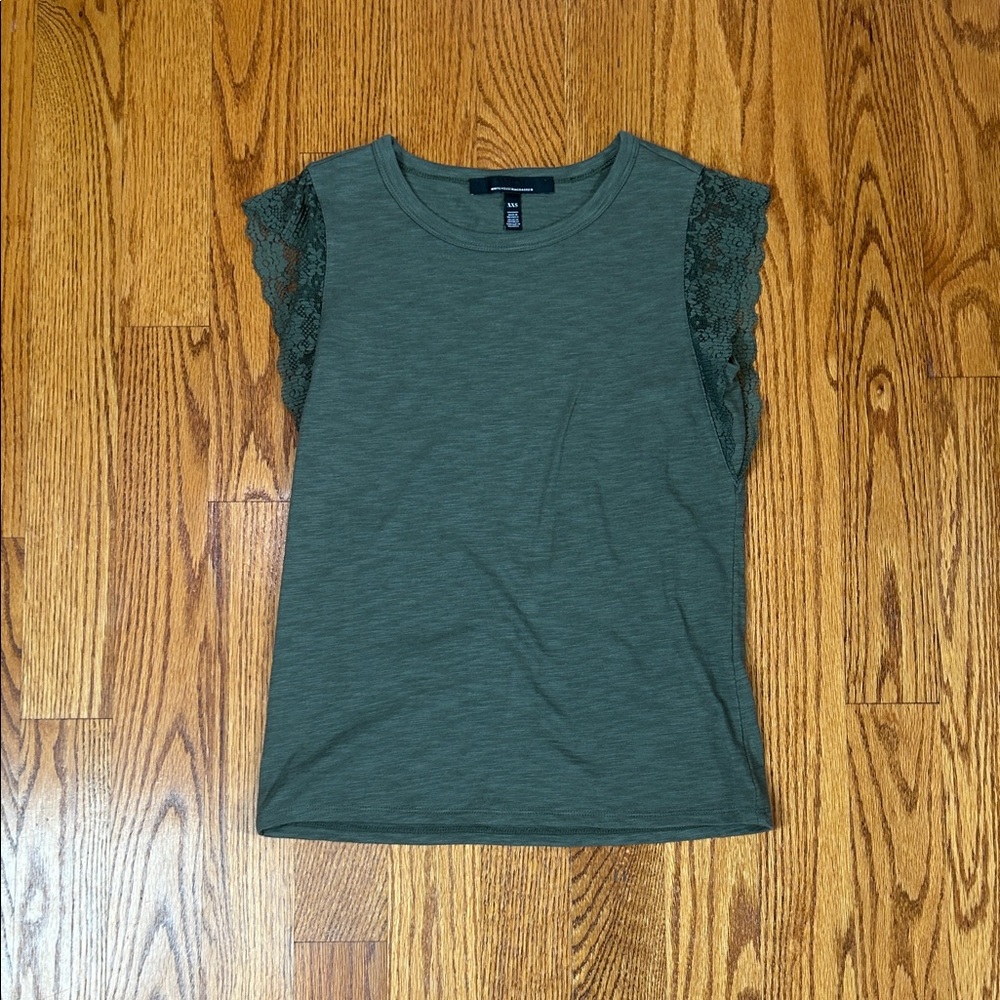 White House Black Market Green Lace Sleeve Muscle Tee